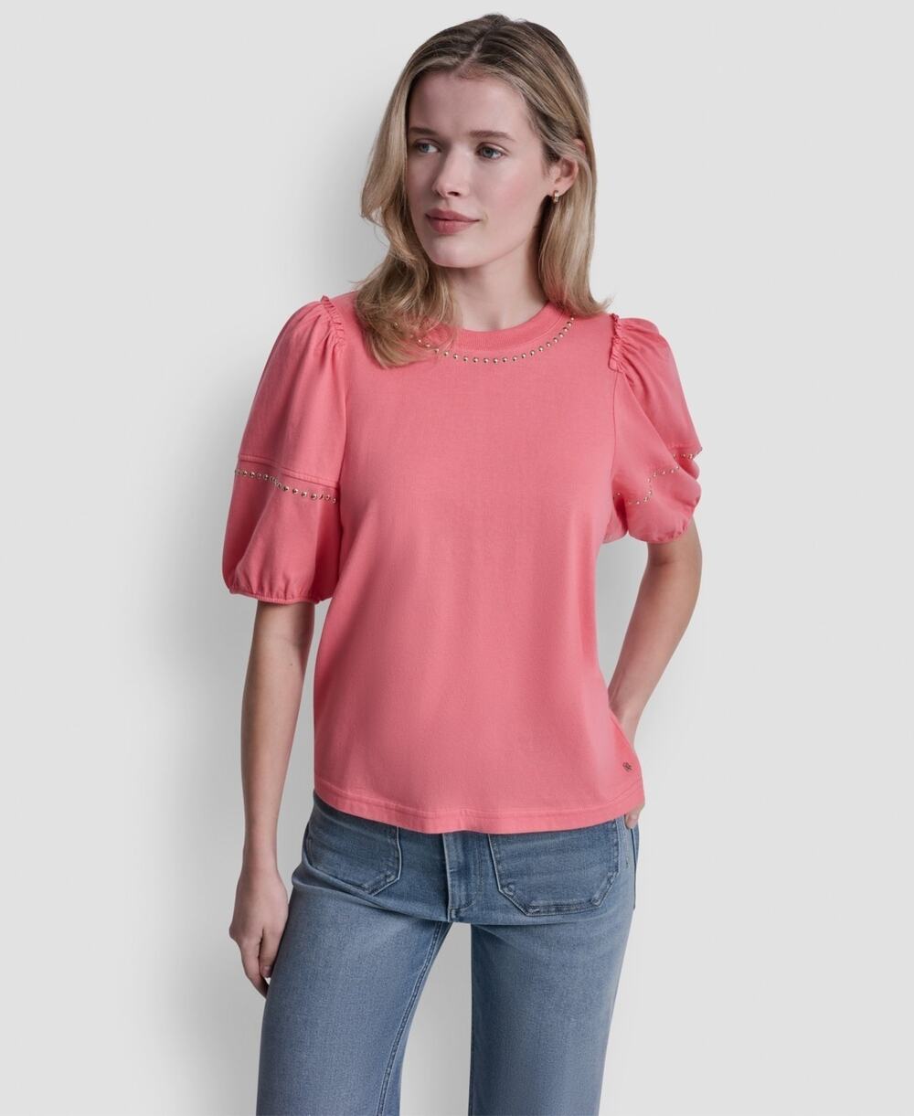 DKNY Jeans Women's Dome Studs Mini Sleeve T-Shirt Coral Pink Size M 3837